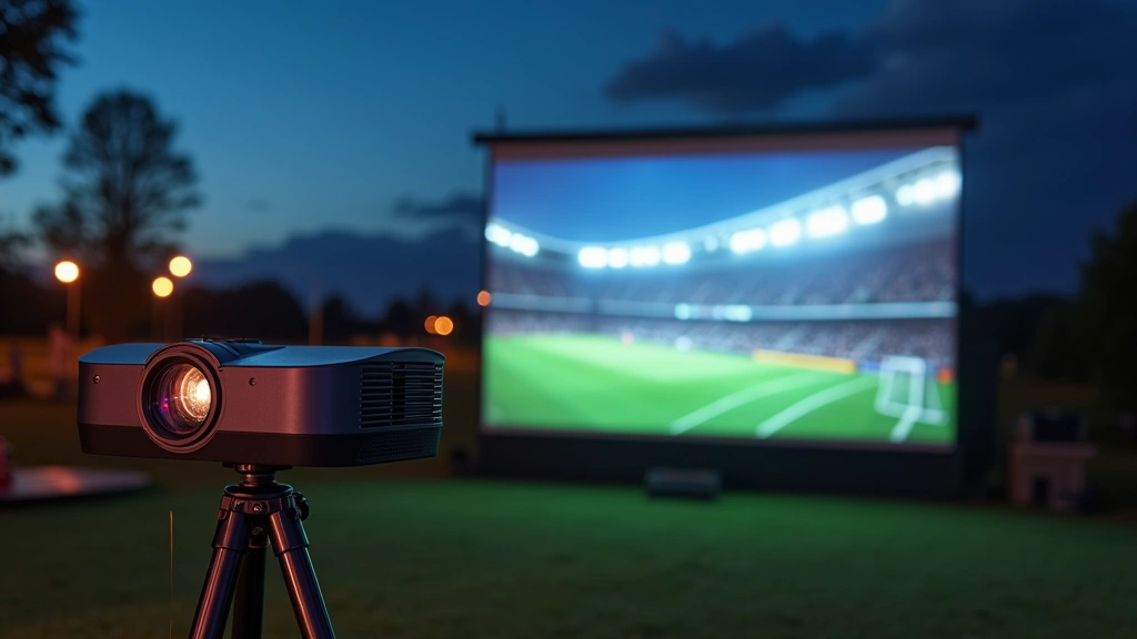 Compact portable projector on adjustable tripod displaying vibrant sports content, outdoor evening setting with watch party setup, visible projected image showing stadium scene