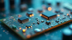 Close-up of flexible circuit board with intricate electronic components and gold traces on transparent substrate, soft laboratory lighting, shallow depth of field