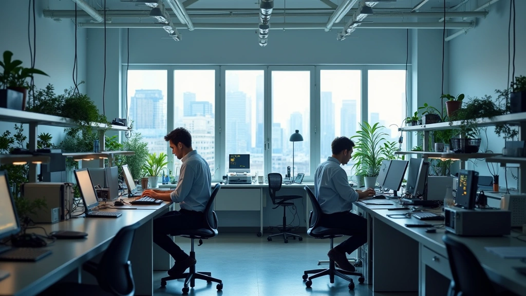 Modern research laboratory with engineers working on IoT prototype devices and circuit boards, workbenches with oscilloscopes and testing equipment, natural window lighting