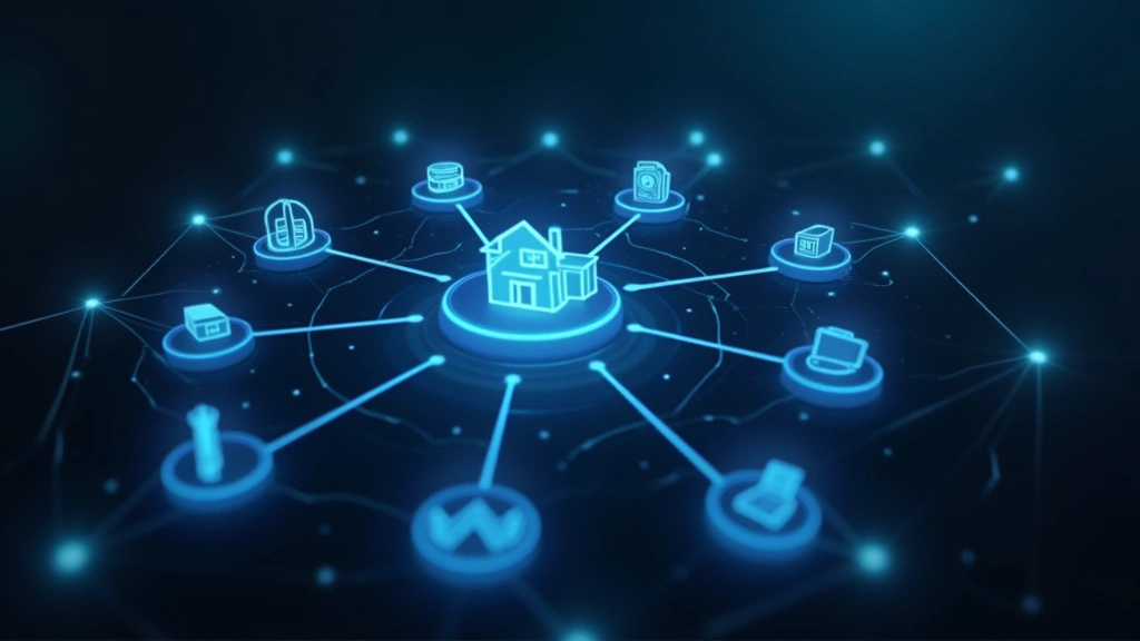 Smart home control interface visualization showing interconnected devices like speakers, thermostats, and security cameras with blue connection lines, dark background with ambient lighting