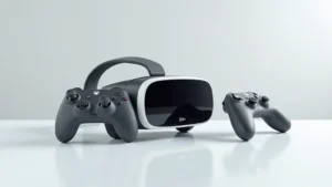 Professional product photography of Meta Quest 3S headset displayed on white surface with controllers positioned beside it, showing device from front and side angles with clear lens visibility and controller detail