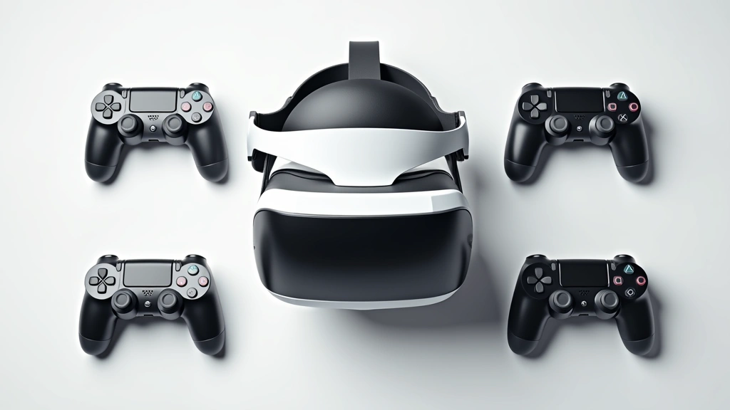 Overhead flat-lay composition of PlayStation VR2 headset with controllers arranged symmetrically, featuring the white and black color scheme, lens detail, and headband design in studio lighting