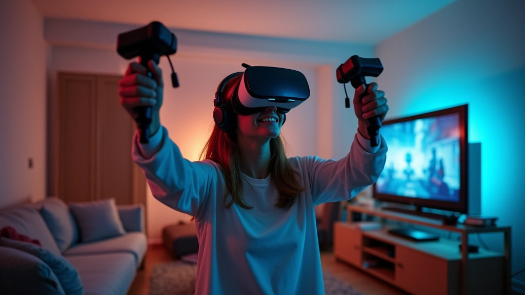 Lifestyle photograph of person wearing VR headset in home gaming space with motion controllers raised, showing immersive gameplay moment with blurred gaming environment in background, photorealistic scene