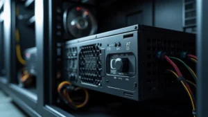 Professional modular power supply unit 247 VA capacity mounted in computer tower case with visible cables and cooling fan, photorealistic industrial setting, no branding visible