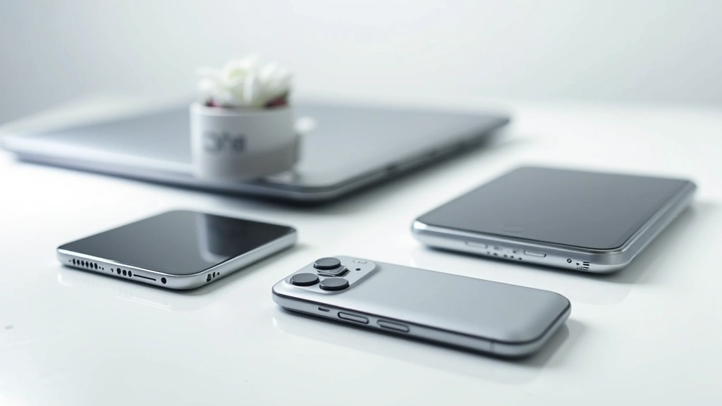 High-end tech gadgets on clean white surface with soft studio lighting, showing sleek aluminum devices with premium build quality and precise engineering details