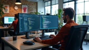 Professional software developers collaborating at standing desks with multiple monitors displaying code, vibrant tech office environment with natural lighting and modern furniture