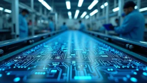 Professional semiconductor wafer fabrication facility with advanced manufacturing equipment, clean room environment, workers in protective gear, blue and white lighting, detailed close-up of intricate circuit patterns