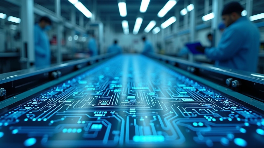 Professional semiconductor wafer fabrication facility with advanced manufacturing equipment, clean room environment, workers in protective gear, blue and white lighting, detailed close-up of intricate circuit patterns