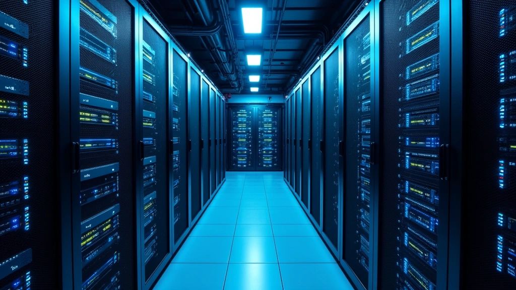 Enterprise data center with rows of server racks, networking equipment, fiber optic cables, LED indicators, professional installation, cool blue ambient lighting, high-tech infrastructure aesthetic