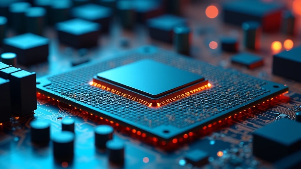 High-performance processor chip on circuit board with thermal management components, cooling solutions, detailed silicon architecture visible, professional laboratory photography, macro lens perspective, metallic and electronic elements