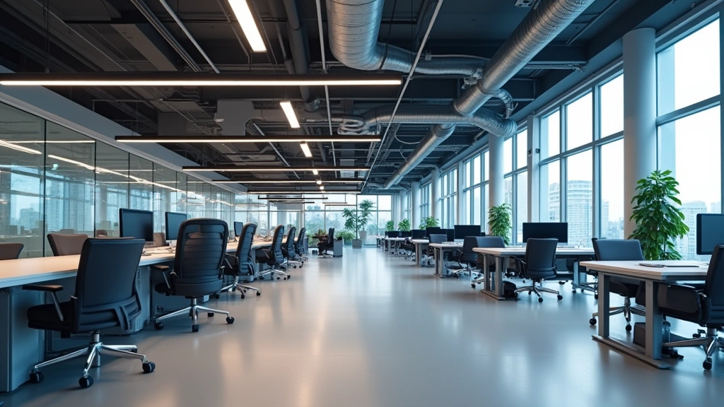 Modern tech hub workspace with collaborative areas, high-speed networking equipment visible, multiple computer workstations, glass partitions, and contemporary office furniture in neutral tones