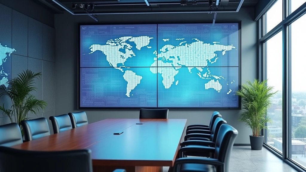 Modern technology conference room with large interactive displays, networking cables organized in cable management systems, comfortable seating, bright natural lighting, and contemporary minimalist design