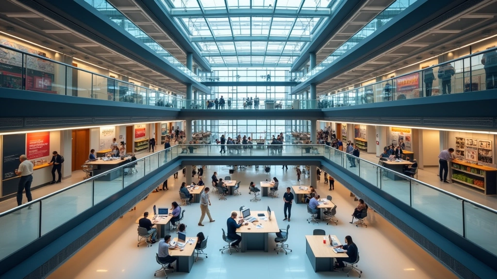 Innovation hub atrium with multiple floors visible, researchers collaborating around standing tables, LED lighting systems, modern architecture with glass and steel elements, diverse professionals working