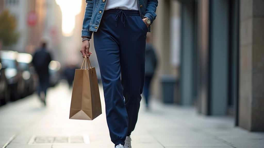 Woman wearing navy blue tech joggers during urban commute, walking confidently on city street with shopping bag, natural daylight, fabric texture visible, modern professional aesthetic