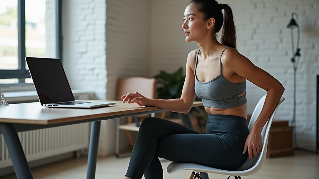 Woman sitting at desk wearing tech joggers, professional office setting, comfort positioning demonstrated, fabric drape and fit visible, contemporary workspace background