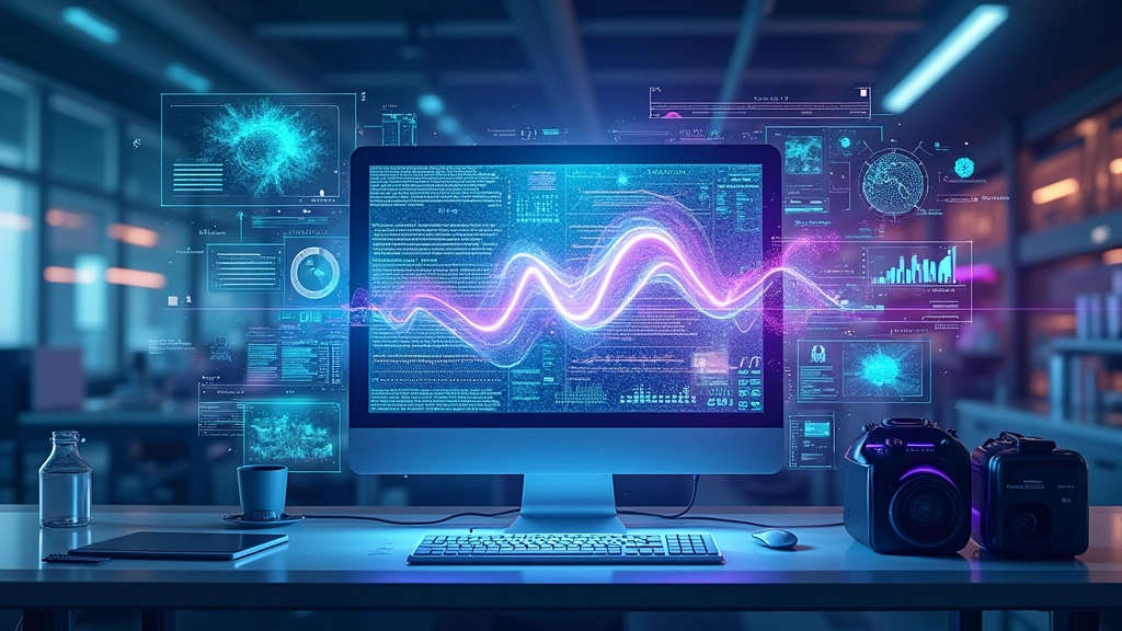 Futuristic 4D data visualization interface with flowing holographic temporal sequences, multi-layered information streams, vibrant cyan and purple colors, high-tech laboratory environment, professional workstation setup, no text or UI elements visible