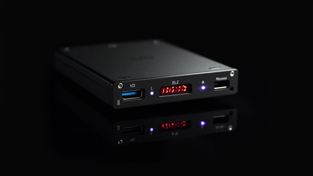 Close-up of compact electronic module with LED indicators and USB connection port on black background, professional product photography