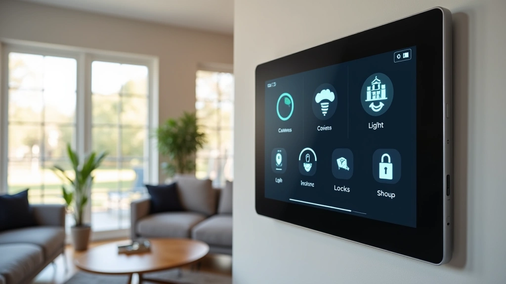 Modern smart home control panel displaying multiple device statuses: thermostat, cameras, lights, and locks on sleek touchscreen interface in contemporary living room setting