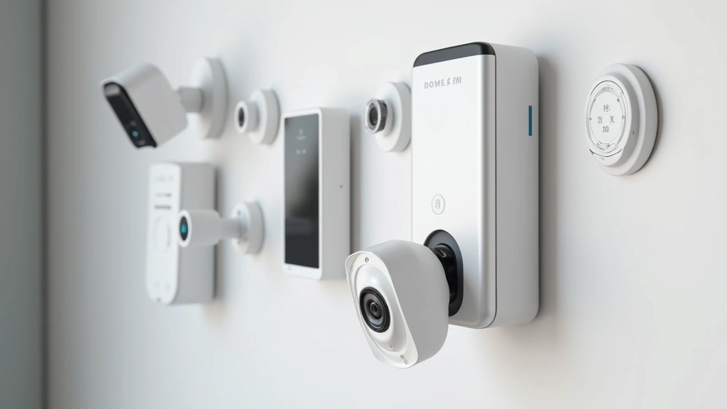 Collection of modern smart home security cameras and doorbell devices mounted on white wall with professional lighting showing various angles and LED indicators