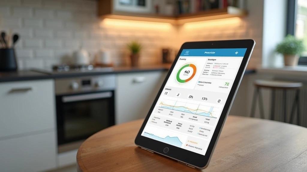 Smart home energy monitoring dashboard displaying real-time power consumption metrics on tablet device in modern kitchen with smart appliances visible