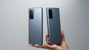 Samsung Galaxy S23 Ultra smartphone displayed from front and back angles, showing the rectangular camera module and matte finish, held against a neutral gradient background, professional product photography