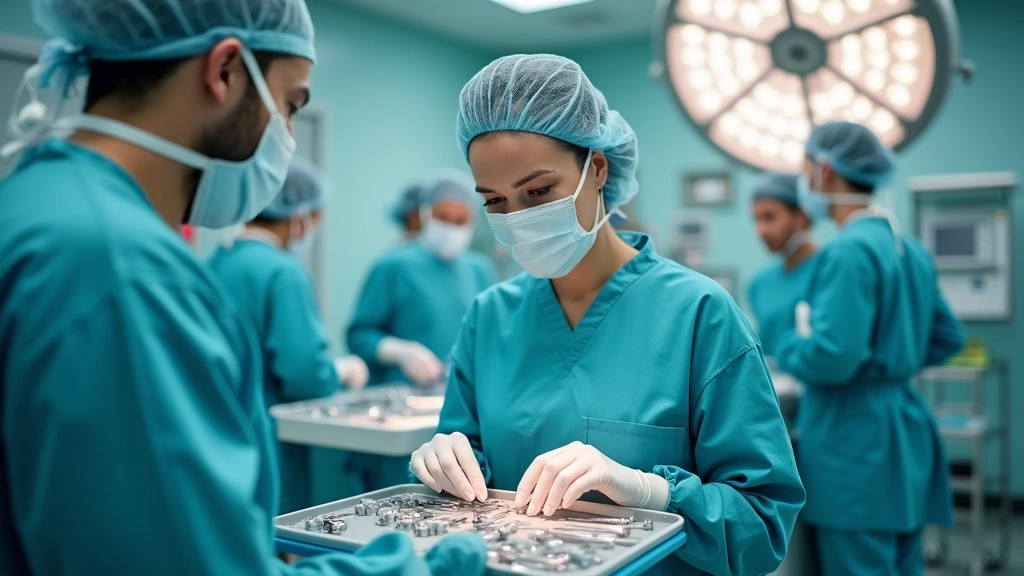 Professional surgical technologist in sterile operating room setting wearing surgical scrubs and mask, preparing surgical instruments on instrument tray, photorealistic medical environment