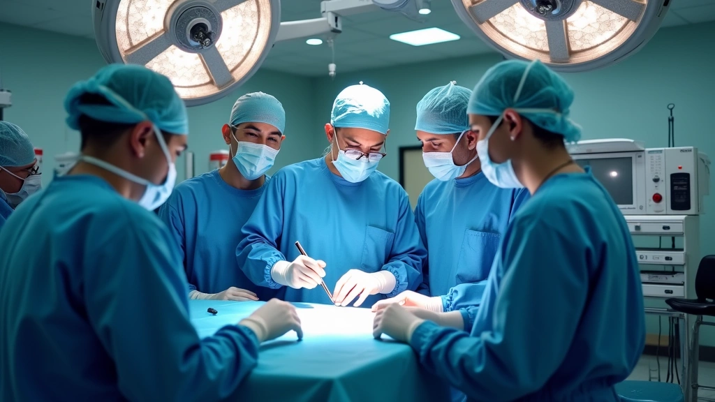 Modern healthcare facility operating room with surgical team in action, showing collaborative environment with monitors and surgical equipment, professional medical setting