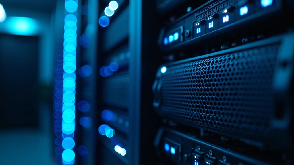 Close-up of server farm cooling systems with blue LED indicators and networking cables, professional data center environment, photorealistic, no text or logos