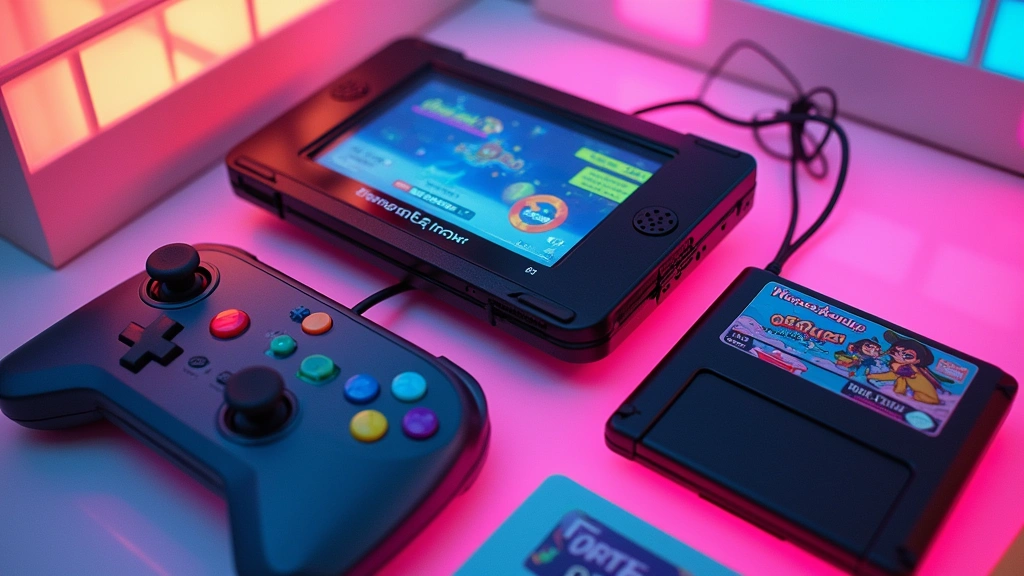 Flat lay arrangement of colorful 80s gaming cartridges, controllers, and a handheld device on a neon-lit surface with geometric patterns, vibrant pastels and chrome accents visible