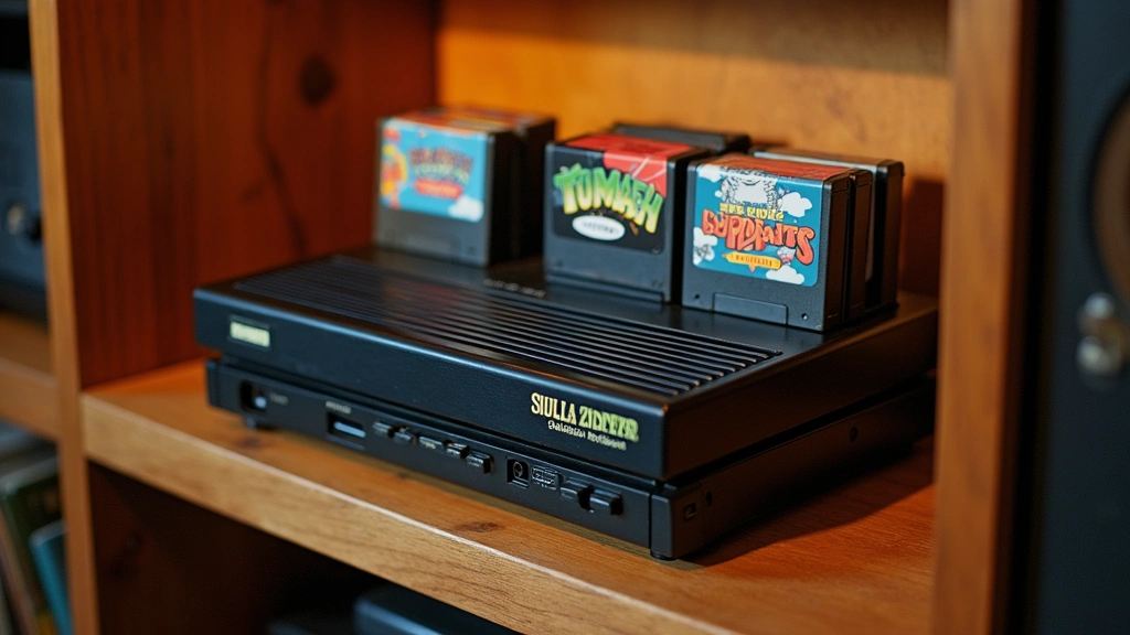 Vintage 80s gaming console with colorful cartridges displayed on wooden shelf, warm lighting highlighting retro aesthetic and original branding details