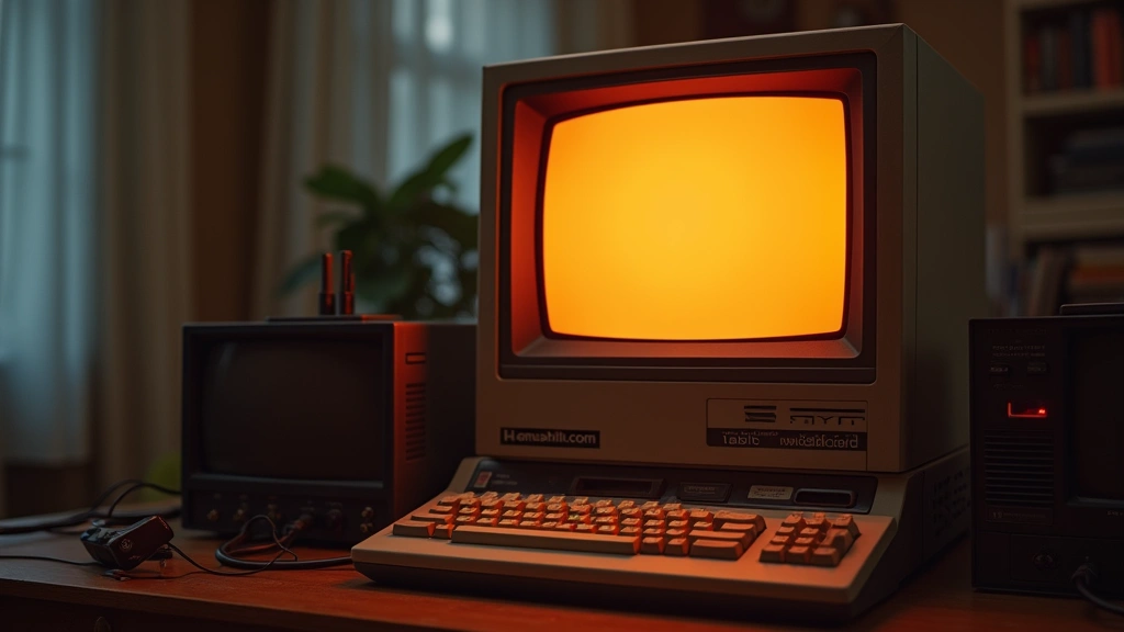 Restored vintage 80s computer setup with original peripherals, displaying warm amber monochrome monitor screen against neutral background with atmospheric lighting