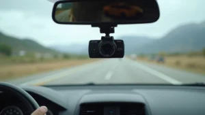 Professional 4K dashcam mounted on car windshield, sleek black design, capturing road ahead with clear detail, modern automotive interior visible