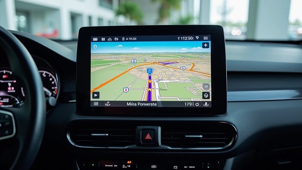 Advanced GPS navigation display unit mounted on car dashboard, bright touchscreen showing colorful road map with route highlighted, modern vehicle interior background