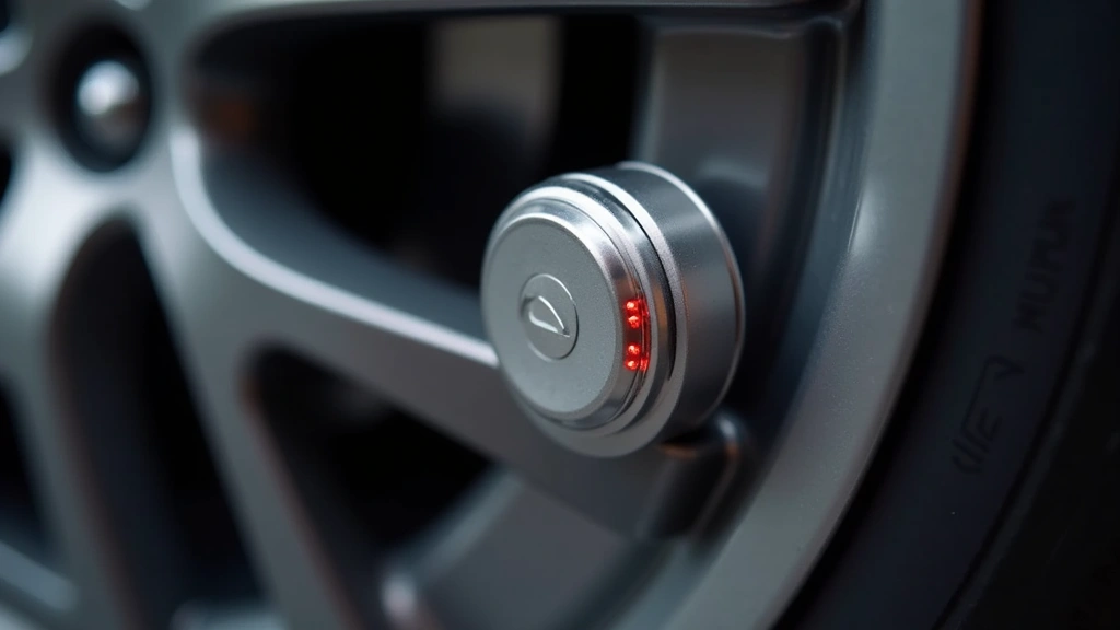 Smart tire pressure monitoring sensor installed on vehicle wheel, metallic silver device with LED indicators, professional automotive photography style, sharp focus