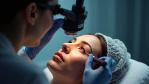 Close-up of professional lash technician using advanced LED lighting system and digital magnification equipment while applying false lashes to client, bright clinical workspace, detailed hand positioning