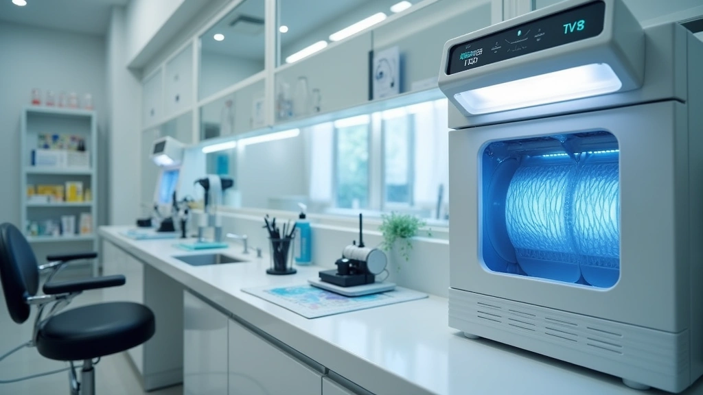 Air purification unit and sterilization chamber in professional beauty salon, HEPA filters visible, UV sterilization display, organized tool storage system, clinical workspace