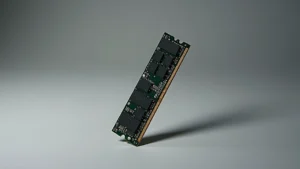 Close-up professional photograph of a single 8GB DDR4 SODIMM memory module positioned vertically, showing gold connector pins and circuit traces, against neutral gray background with soft lighting emphasizing component details and manufacturing precision
