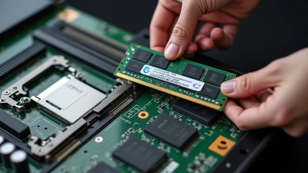 Workstation setup photograph showing hands installing a DDR4 SODIMM module into a laptop motherboard slot, demonstrating proper 45-degree angle insertion technique with retention clips visible, realistic technical installation documentation style