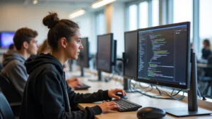 High school students collaborating at modern standing desks with dual-monitor computer setups in a bright tech lab, focused on coding projects with professional keyboards and ergonomic equipment