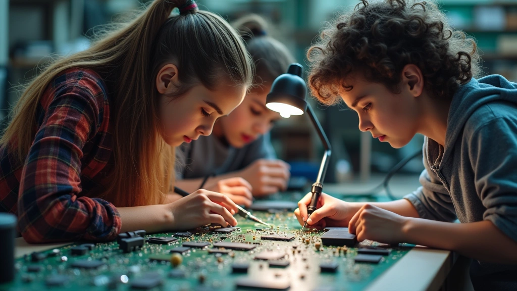 Close-up of diverse teenage students examining circuit boards and electronic components at a workbench with soldering equipment, magnifying lamps, and professional-grade electronics tools