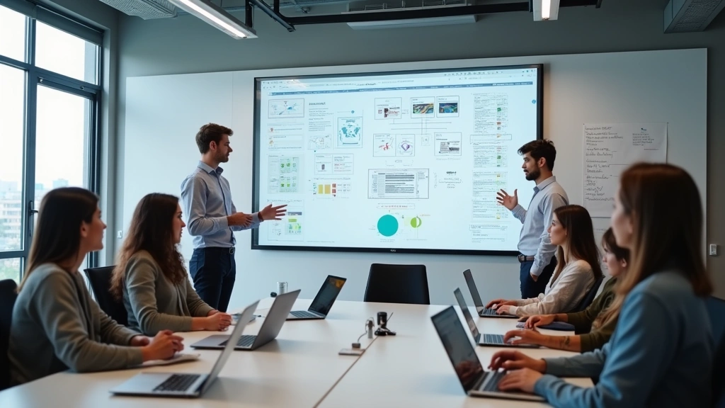 Young professionals presenting technical project results to industry mentors in a modern conference room with laptops, whiteboards covered in architecture diagrams, and collaborative innovation atmosphere