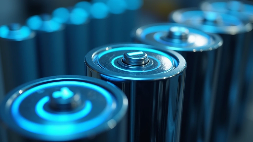 Close-up of modern lithium-ion battery cells with metallic cylindrical design, glowing blue energy indicator lights, advanced manufacturing facility background, photorealistic tech detail shot
