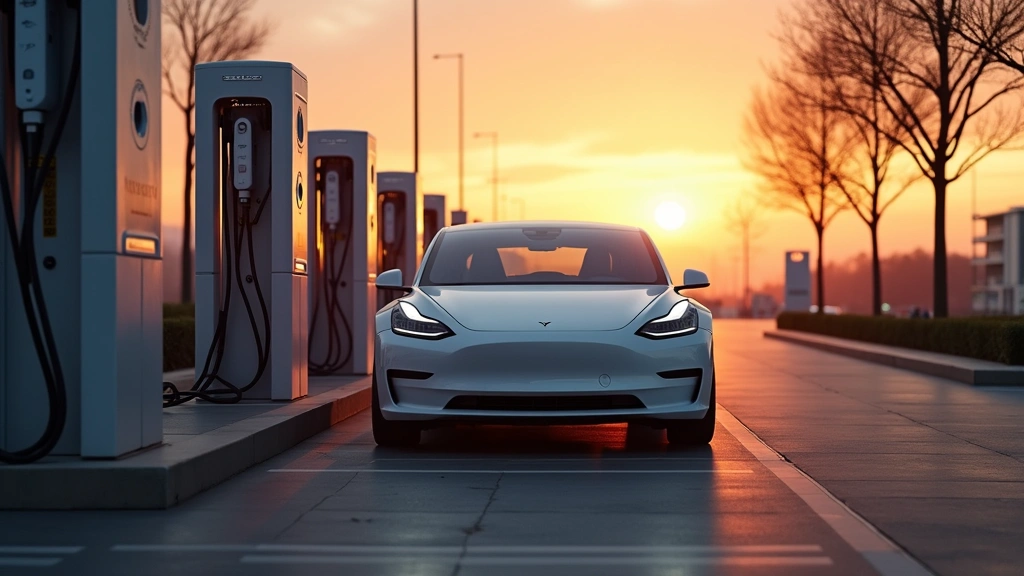 Electric vehicle charging at modern fast-charging station at sunset, sleek Tesla or premium EV model visible, multiple charging cables, urban landscape background, professional automotive photography