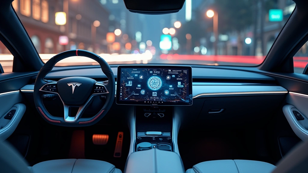 Futuristic electric car interior dashboard with advanced digital displays, touch controls, and ambient lighting, showcasing autonomous driving technology and smart vehicle systems, premium tech aesthetic