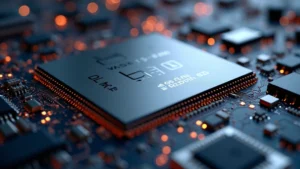 Close-up of cutting-edge processor chip with intricate circuitry and advanced silicon architecture design, professional tech photography with metallic surfaces and sharp focus