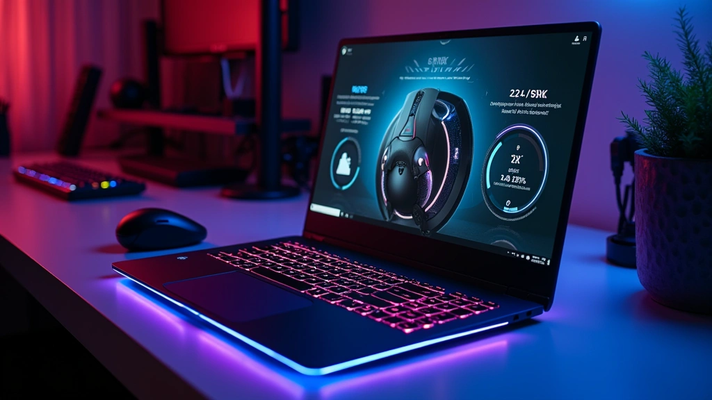 Modern gaming laptop with glowing RGB keyboard and high-refresh-rate display screen on sleek desk setup, showing performance metrics and professional workspace environment