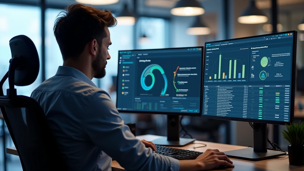 Professional sitting at dual-monitor workstation with optimization software dashboard displayed, showing system performance graphs and resource monitoring in modern office space