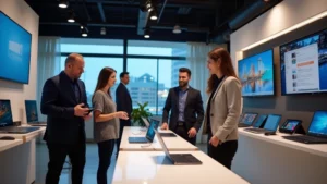 Professional tech retail environment with premium laptops and smartphones displayed on modern shelving units, customers consulting with knowledgeable staff members in business casual attire, bright LED lighting showcasing electronics, Denver office building background