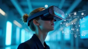 Professional wearing sleek VR headset with transparent visor displaying holographic interface elements floating in air, modern minimalist tech lab background with soft blue lighting