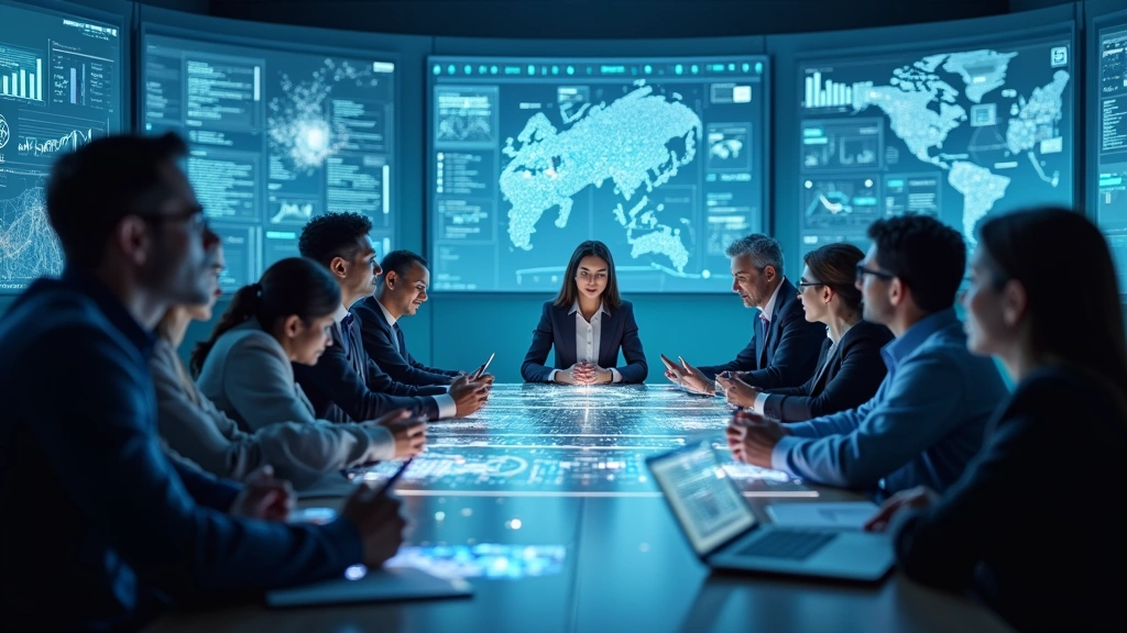 Group of diverse professionals collaborating in immersive virtual meeting space, avatars with realistic proportions interacting around holographic data visualizations and charts suspended in shared digital environment